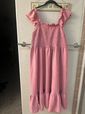 SHEIN Pink Smocked Ruffle Strap Midi Dress